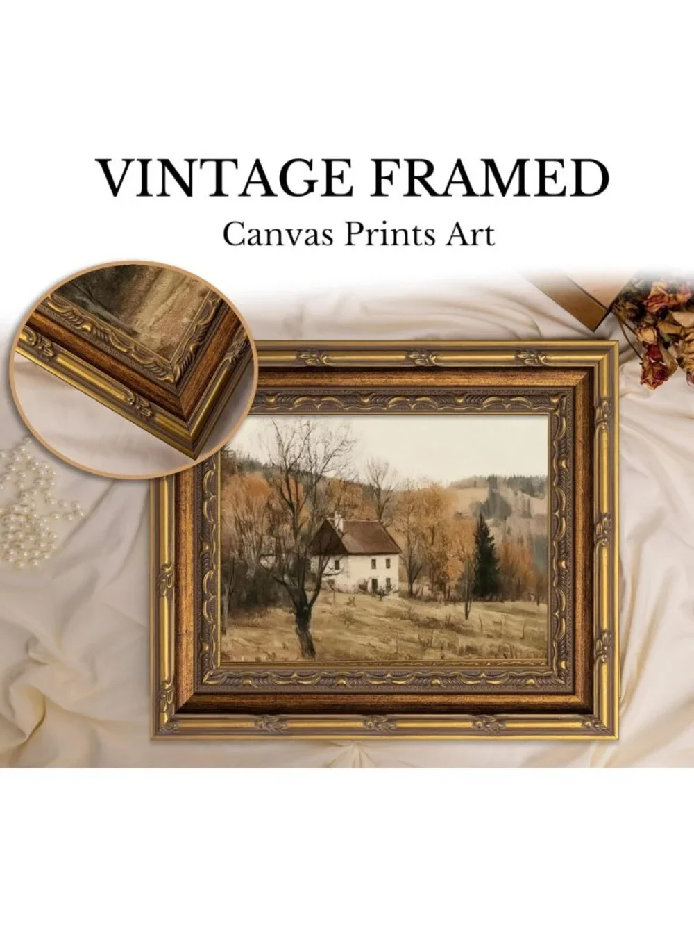 Rustic Vintage Gold Framed Autumn Wall Art - Farmhouse Landscape Canvas Print